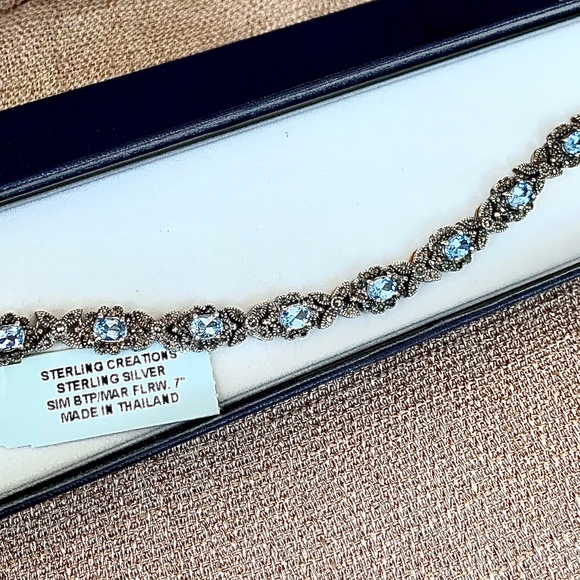 Vtg Stg Silver Aquamarine & Marcasite Bracelet - Picture 5 of 9